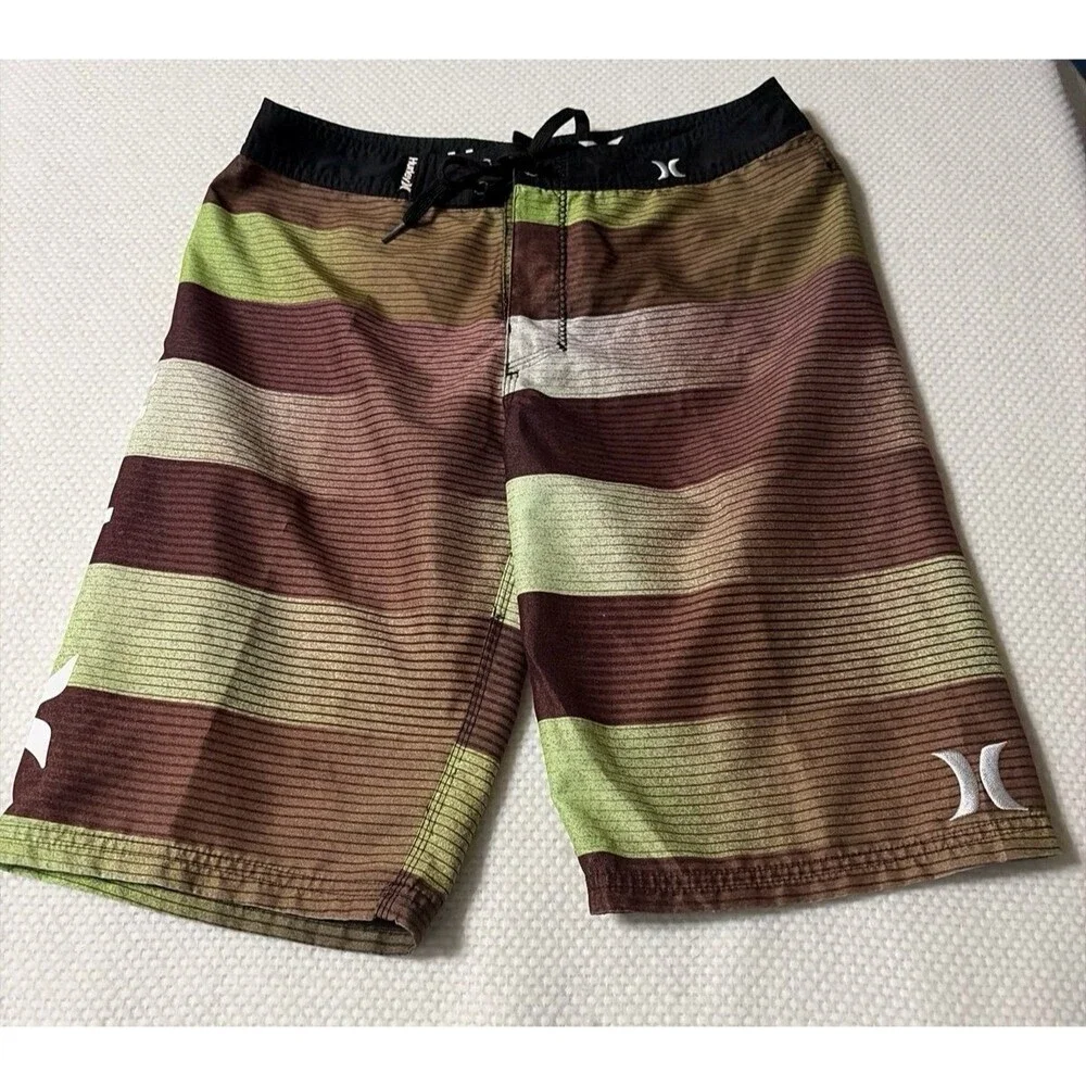 Hurley Men’s Board Shorts Size 29 Brown Green Striped Surf Swim Trunks